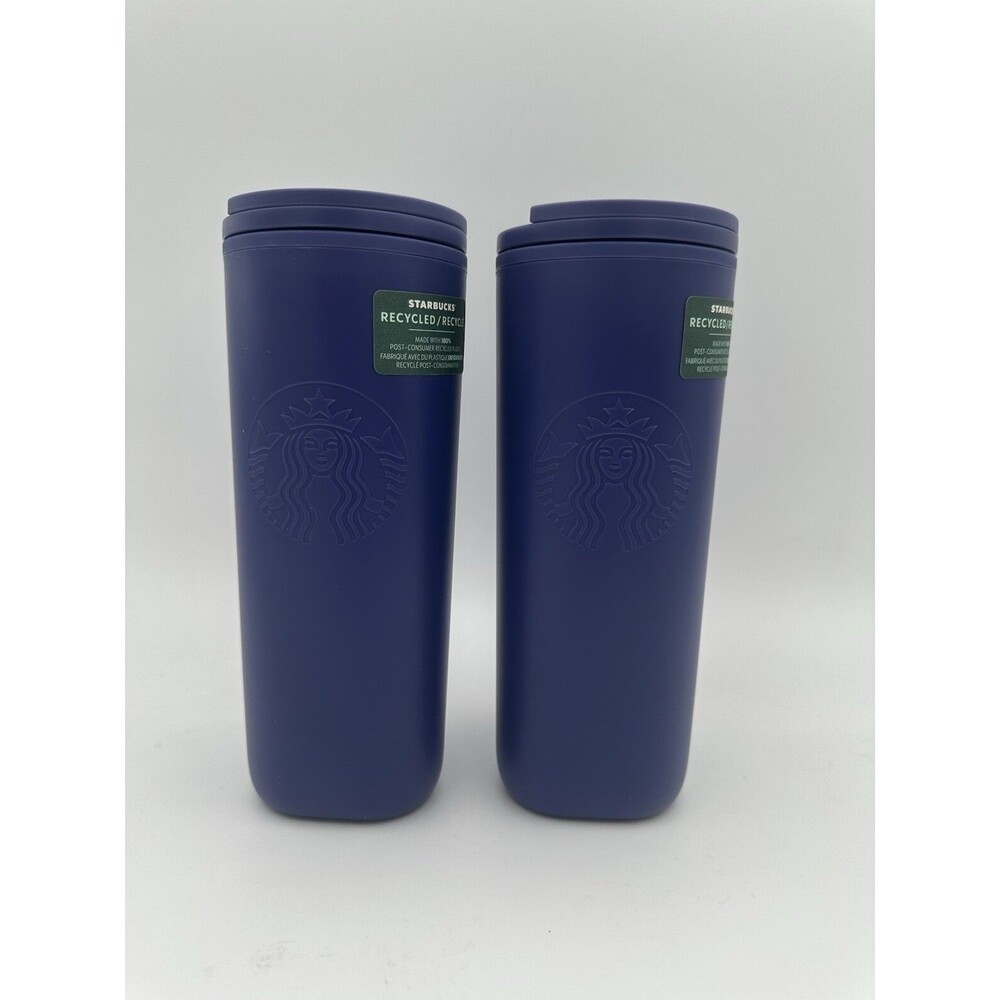 NEW SET OF 2 Starbucks Recycled Plastic Tumbler Coffee Mug Purple lid 16 oz